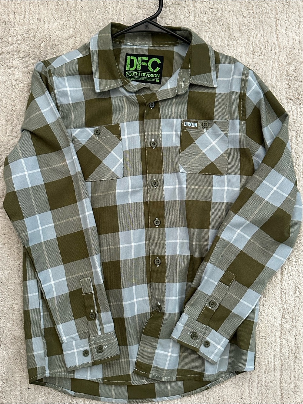 DIXXON Youth Large Olive & Gray Plaid Button-Up Shirt “Astoria”